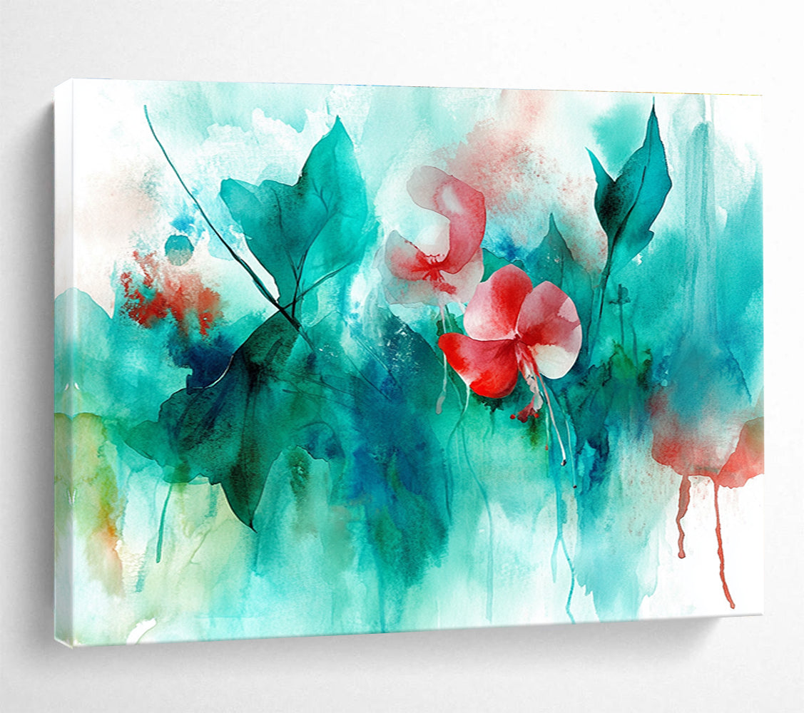 Large abstract watercolor painting featuring leaves flowers and jellyfish in teal aqua red green colors perfect for enhancing any spaceSC287