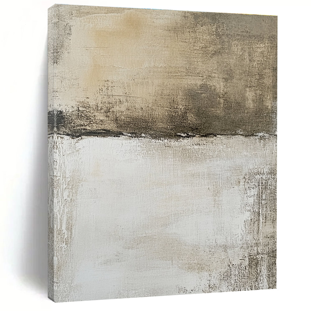 Large abstract painting features a neutral background with faded textures and brown shapes, evoking an aerial view of a landscape.STSC1103