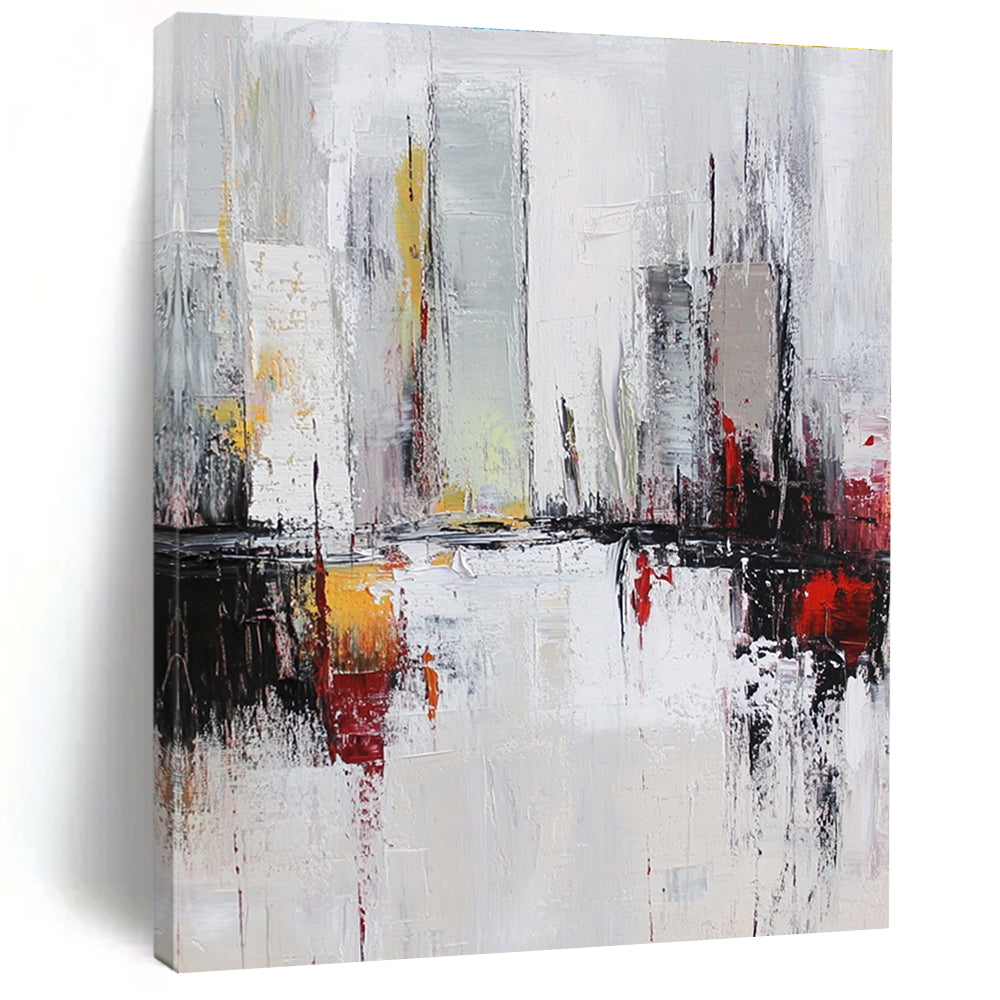 Large abstract oil painting of a cityscape in white and grey tones with red accents featuring dynamic loose brush strokes.STSC162