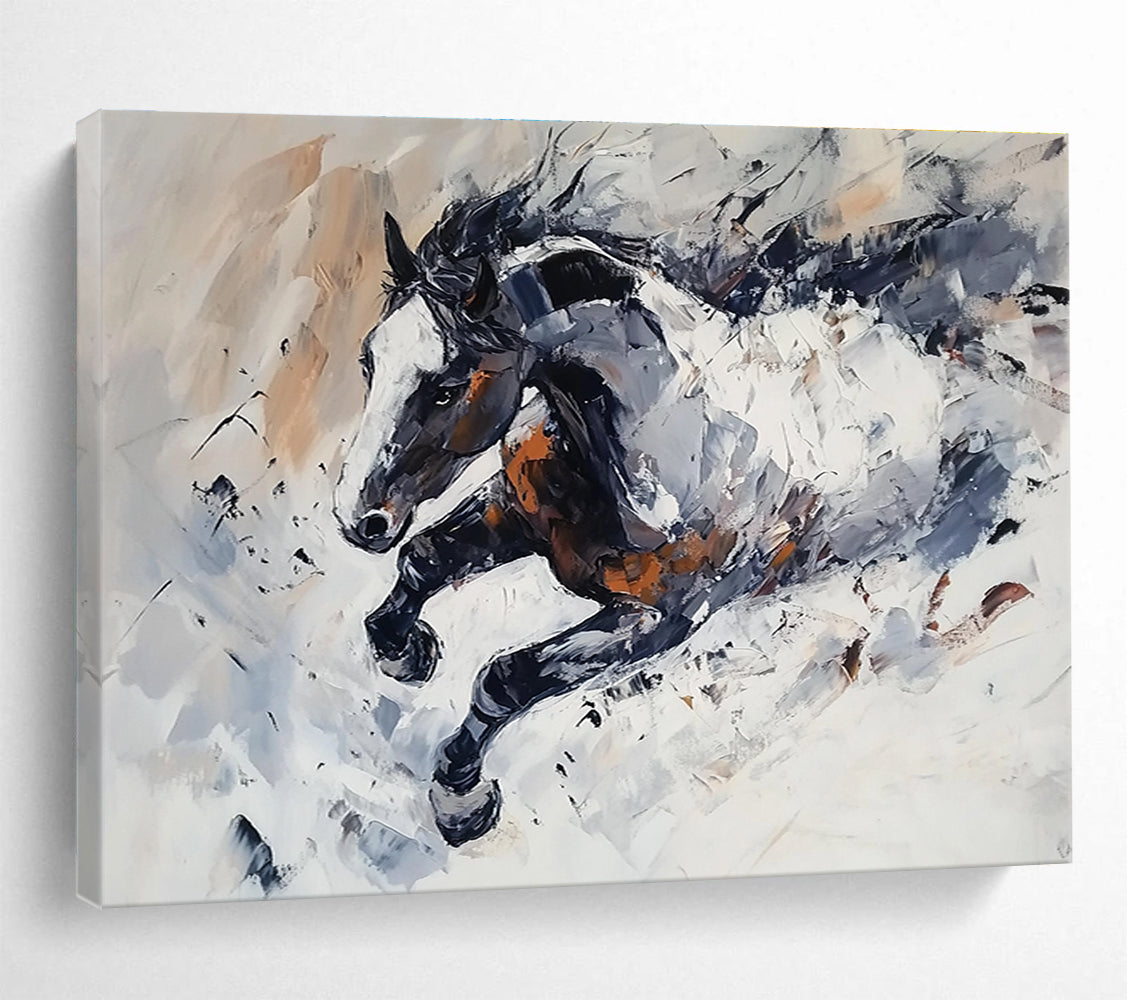 Large abstract painting of a horse in snow featuring loose brush strokes monochrome tones with brown white accents and dynamic textured movement.SC594