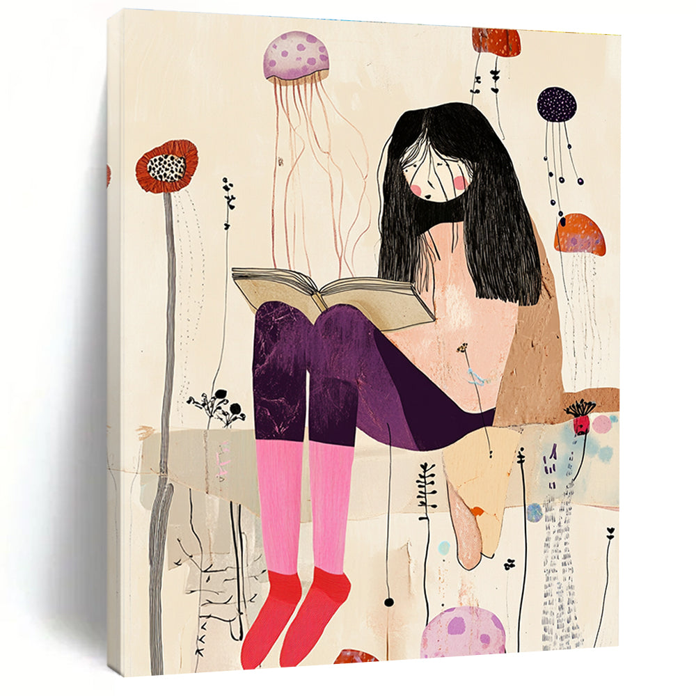 A large abstract collage featuring an eccentric woman with long legs in pastel pink socks and dark purple pants amid whimsical jellyfish and wildflowers.STSC1237