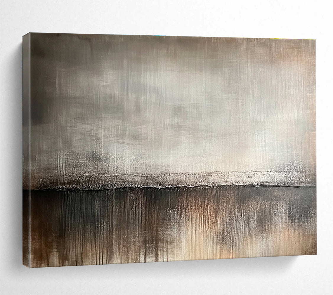 Large abstract painting featuring a muted gray and brown gradient background with soft brush strokes resembling vintage wood textures.SC534