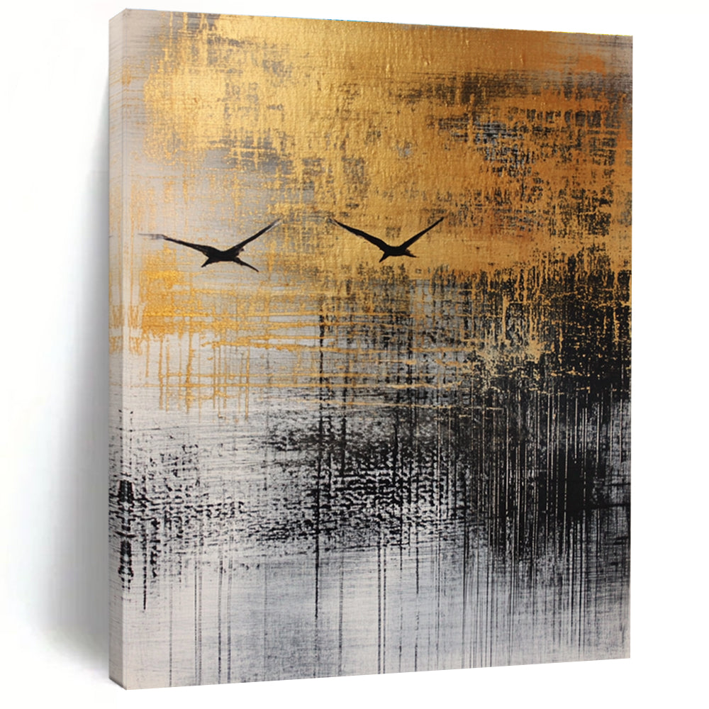 Large abstract painting featuring fluid ink wash techniques, textured materials, and a black bird in flight against a neutral autumnal background.STSC047