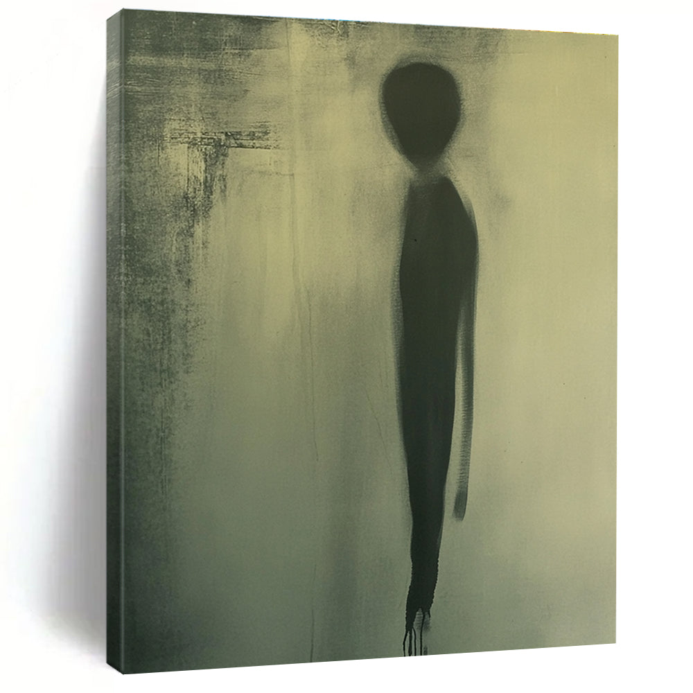 Large abstract painting featuring a faint oval silhouette in muted green tones creating an atmosphere of mystery and intrigue.STSC992