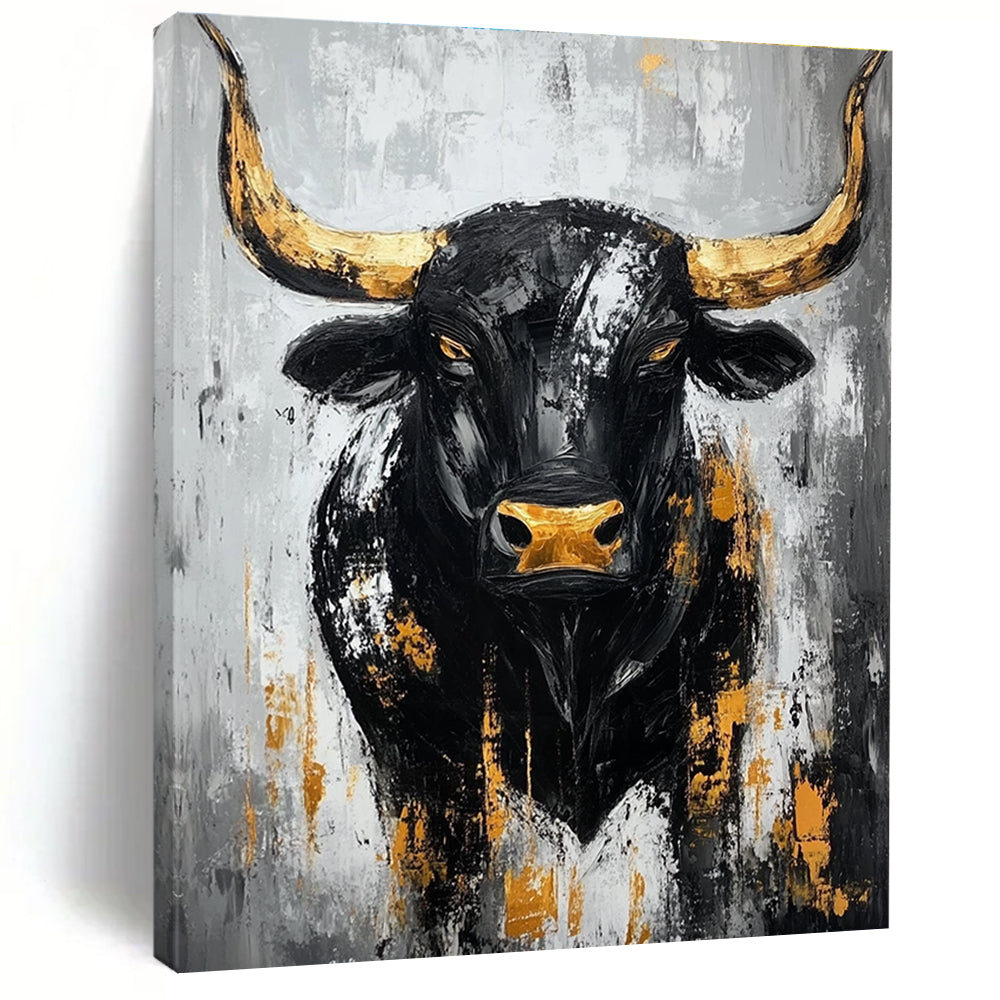 Large abstract painting of a black bull with gold accents against a gray background featuring bold brush strokes and textured impasto technique.STSC027