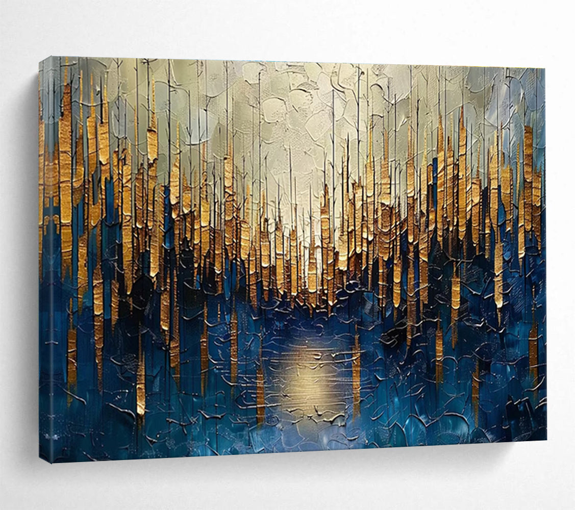 Golden Forest Abstract Painting with Blue and Gold Tones THY157