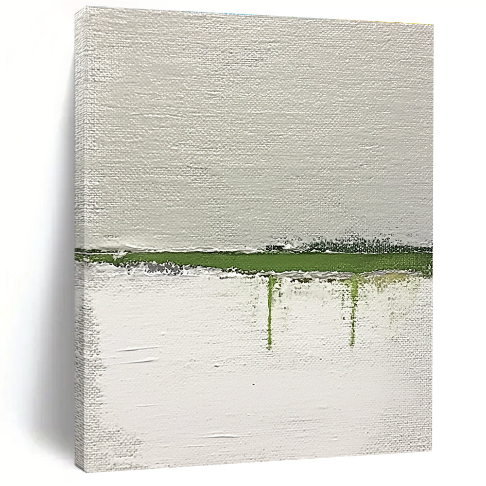 Large abstract painting featuring a green horizon on textured white canvas with thick impasto strokes accentuated by muted lime and gray tones.STSC1094