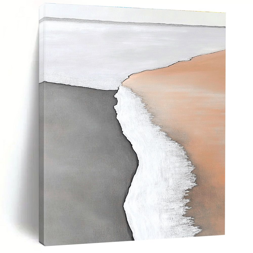 Abstract painting capturing the serene boundary of water and land with white sand and subtle hues of light orange and brown in a minimalistic style.STSC550