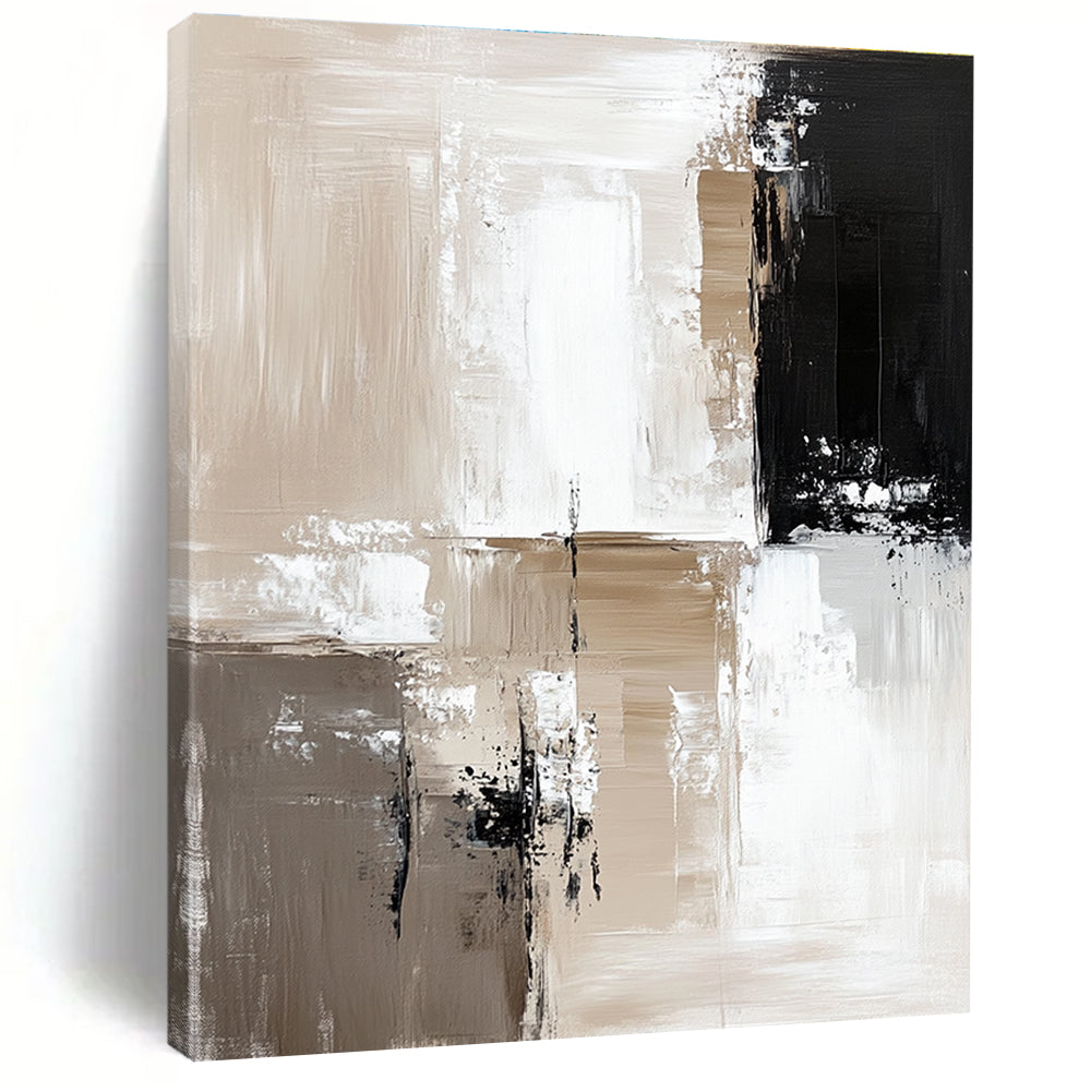 Large abstract painting featuring beige and white color blocks with thick brush strokes and black accents on a neutral background in minimalistic oil paint.STSC411