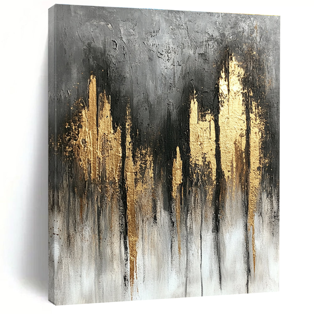 Large abstract painting featuring a gray and gold color scheme with textured canvas flowing lines and a tranquil atmospheric composition.STSC393