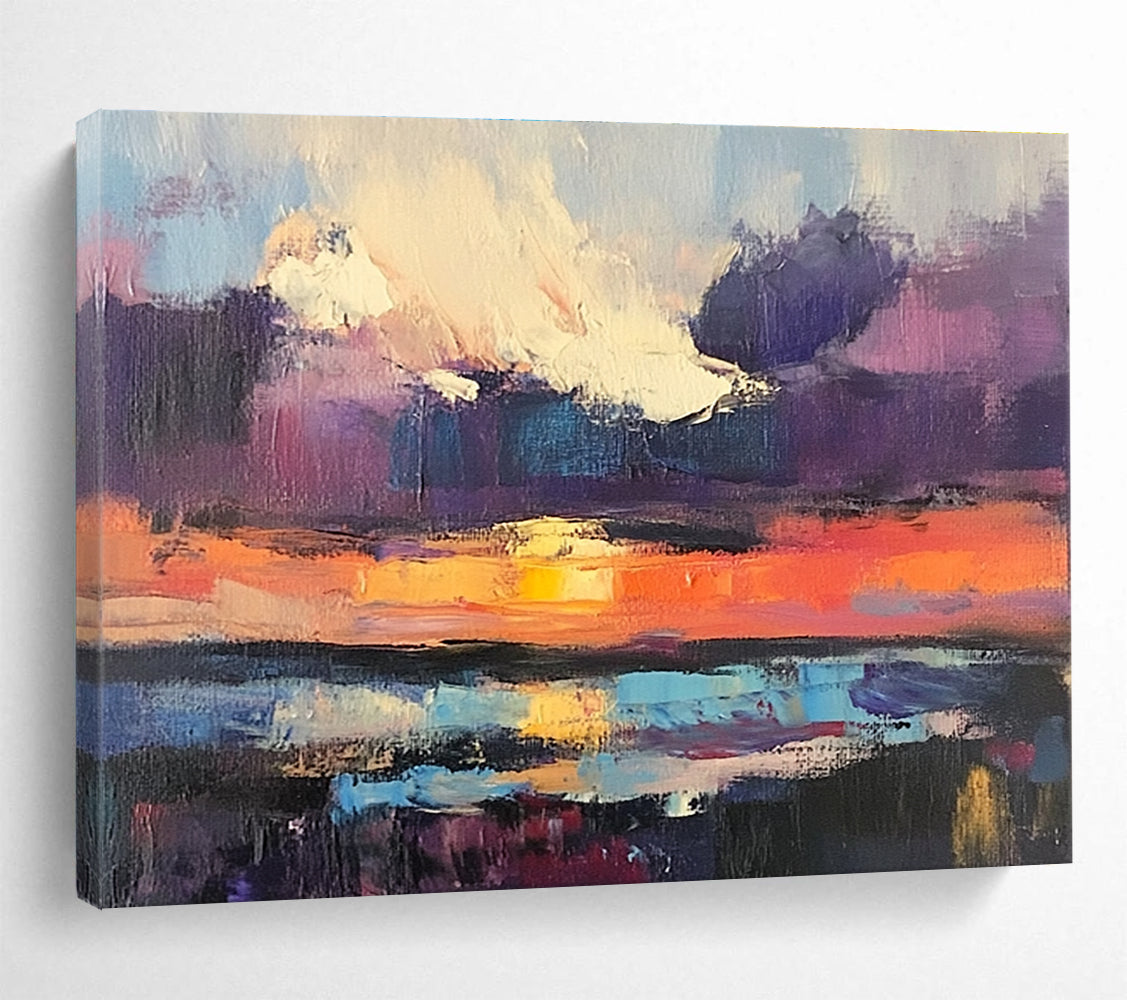 Large abstract painting featuring a sunset over water with bold brush strokes in vibrant purple and blue hues capturing a dramatic sky filled with clouds.SC134