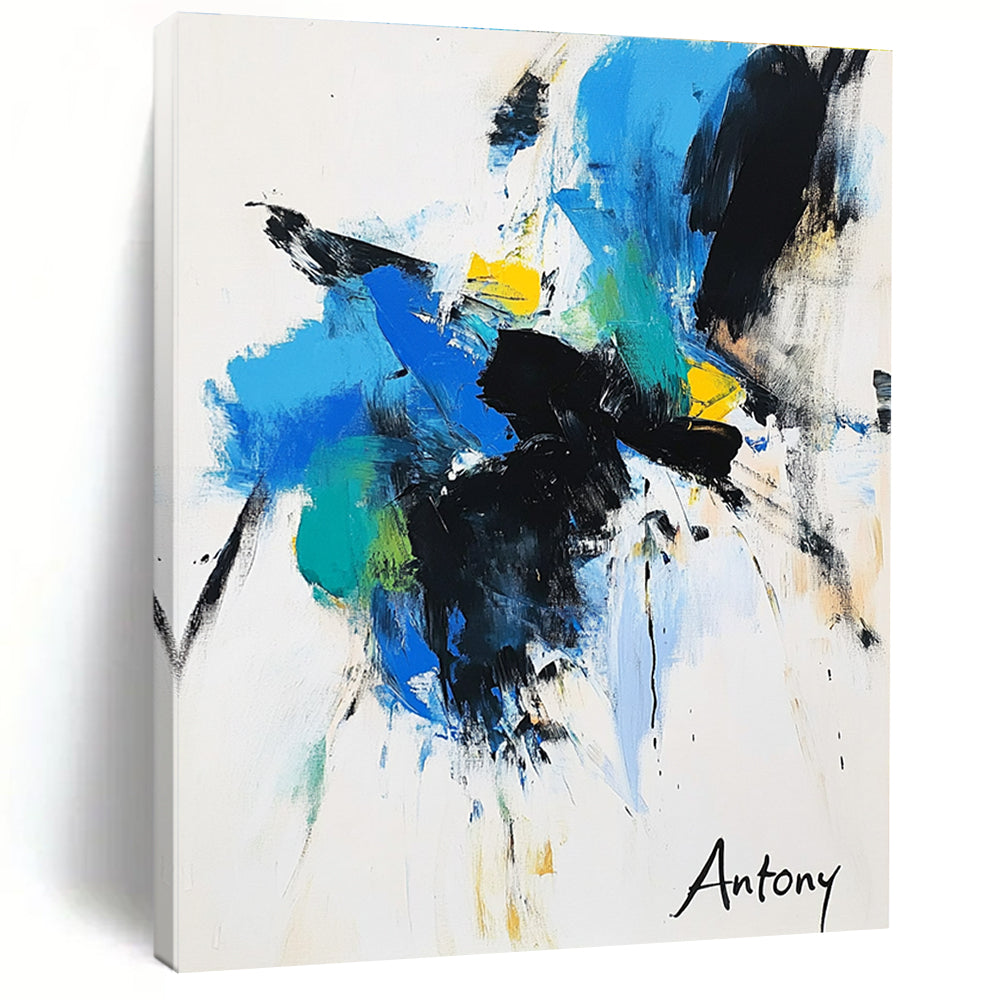 Abstract painting features bold black brush strokes with blue green and yellow accents on a white background with Antony elegantly displayed in large letters.STSC039