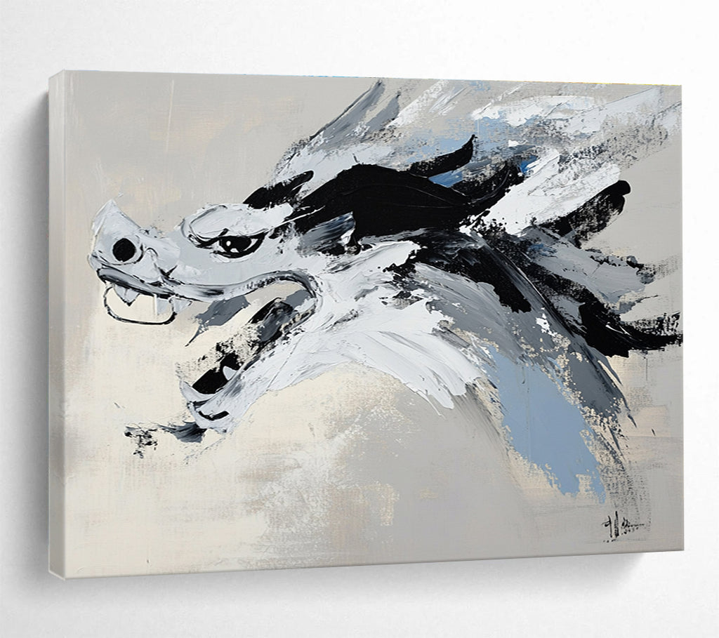 Abstract painting with black and white brushstrokes on light gray, featuring a close-up of a Chinese dragon head in Wu Guanzhong style.SC228