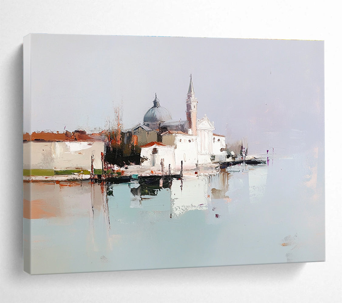 An abstract oil painting featuring a tranquil Venetian island with white buildings, showcasing minimal brush strokes and muted colors in a harmonious composition.SC410