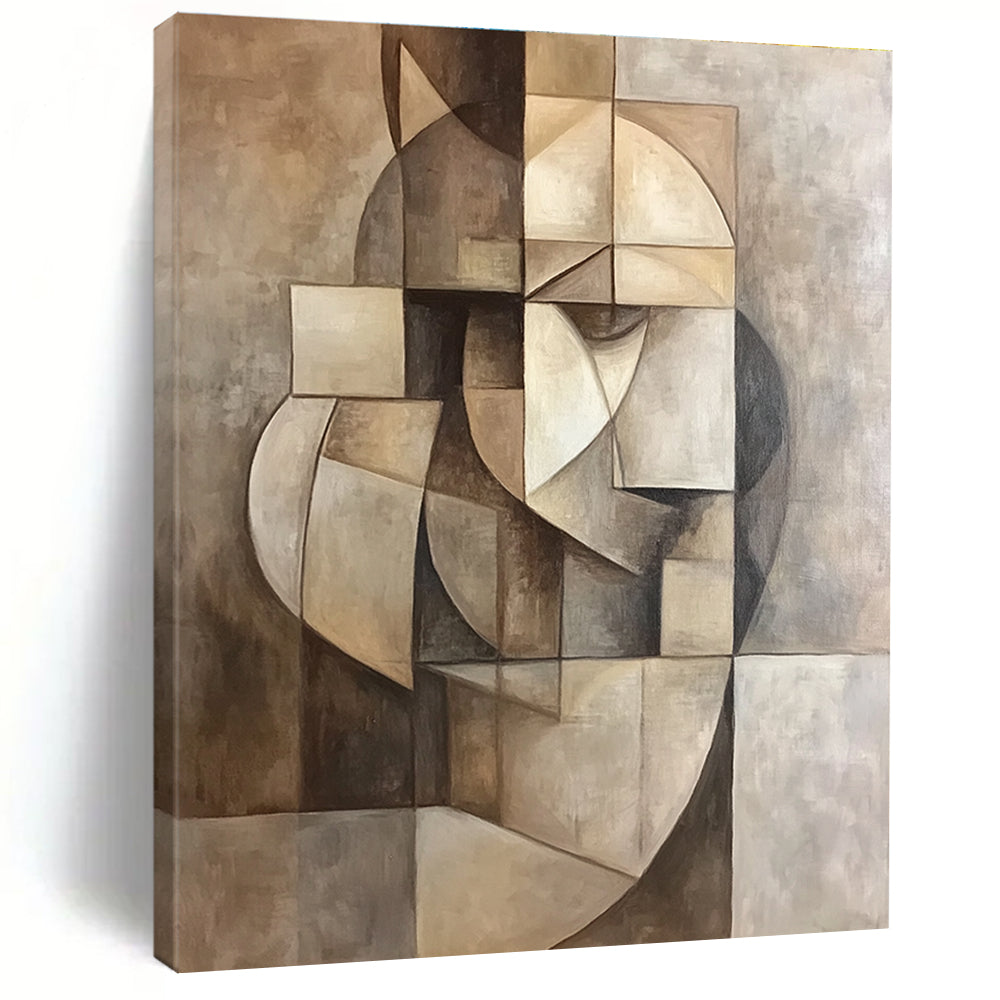 A large abstract painting features a geometric composition in muted colors, inspired by Picasso's cubist style for a sophisticated aesthetic.STSC859