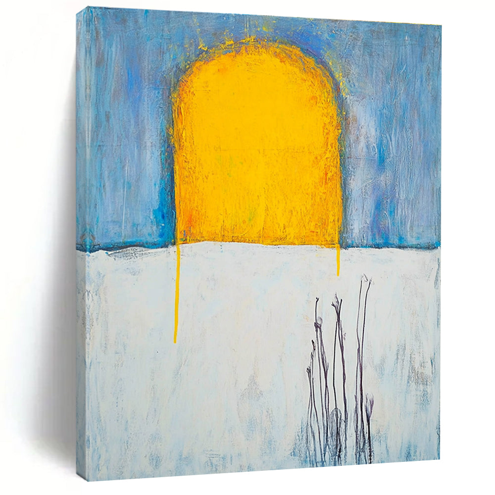 Large abstract painting with yellow sun rays on a white sky featuring textured oil paint and visible brush strokes inspired by Duchamp and Beksiński.STSC370