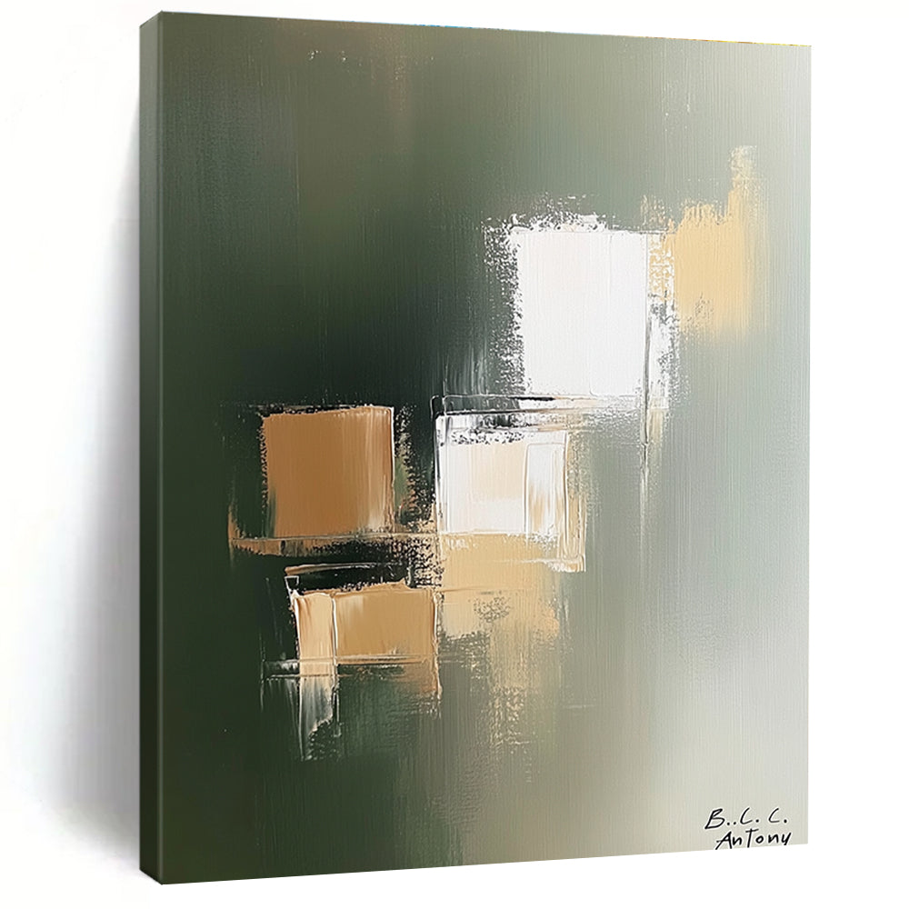 Large abstract painting featuring beige and white blocks on a soft green background with minimalist style by B.C. Antony.STSC212