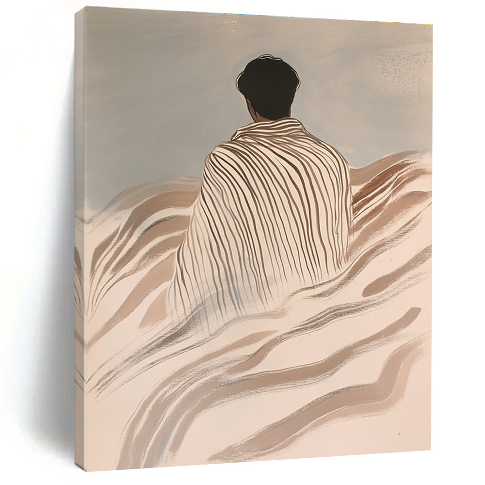 Abstract painting featuring an Asian man wrapped in striped blankets on waves with a light gray background in ink wash style.STSC1116