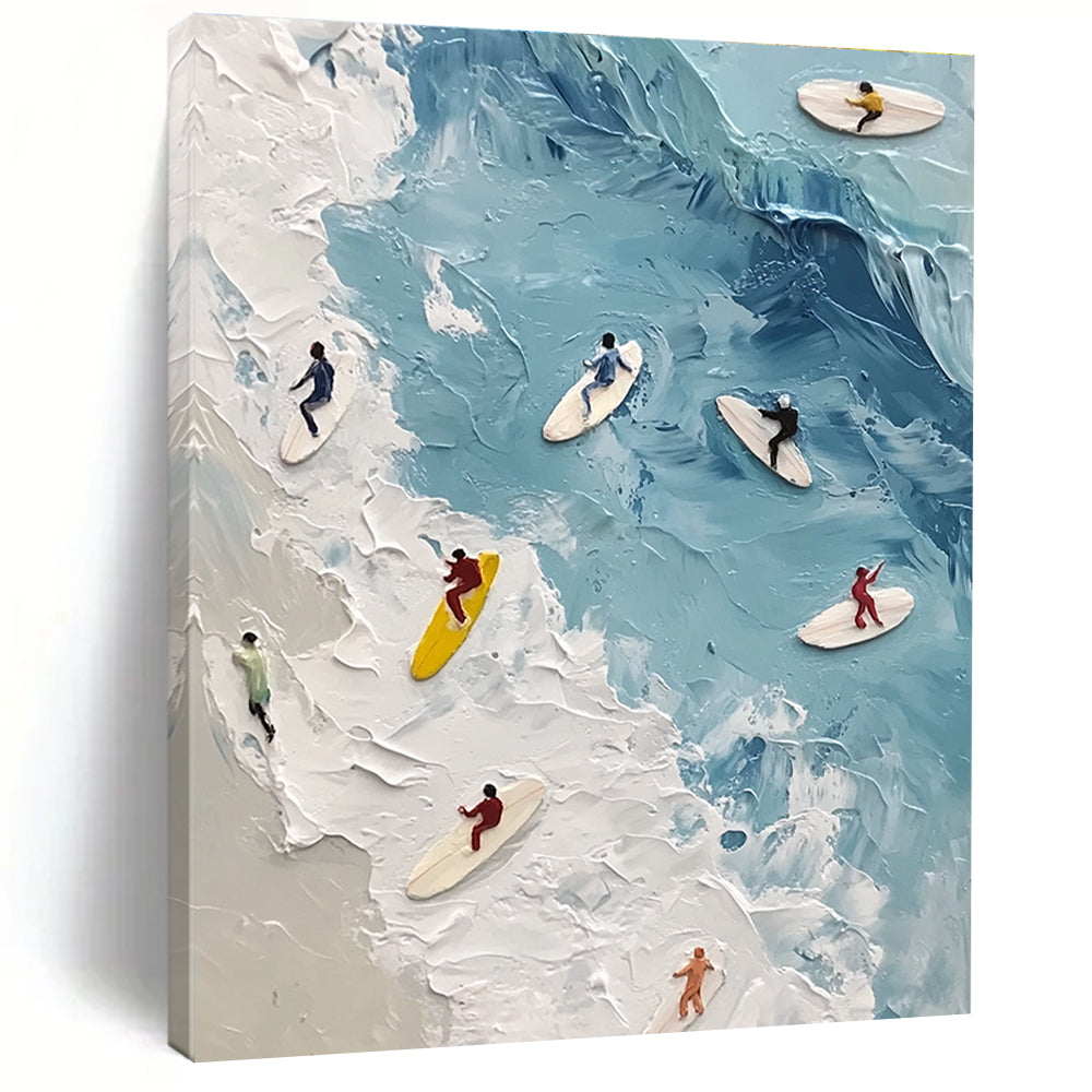 Large abstract painting of surfers on soft blue waves with a wet oil effect featuring soft colors and subtle figures floating in the water.STSC1436