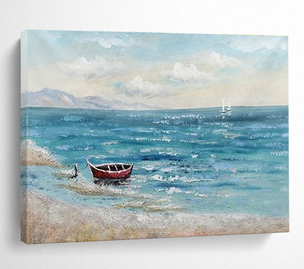 Seaside Boat Abstract Painting with Blue, Red, and White Tones THY224