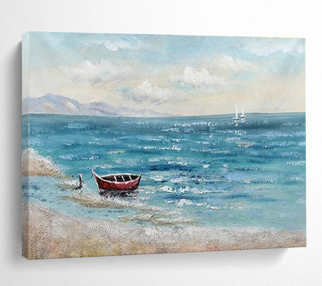 Seaside Boat Abstract Painting with Blue, Red, and White Tones THY224
