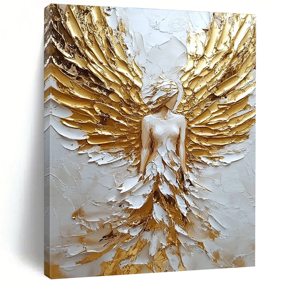 Large abstract painting of an angel with golden wings on textured canvas showcasing a white and gold color palette.STSC142