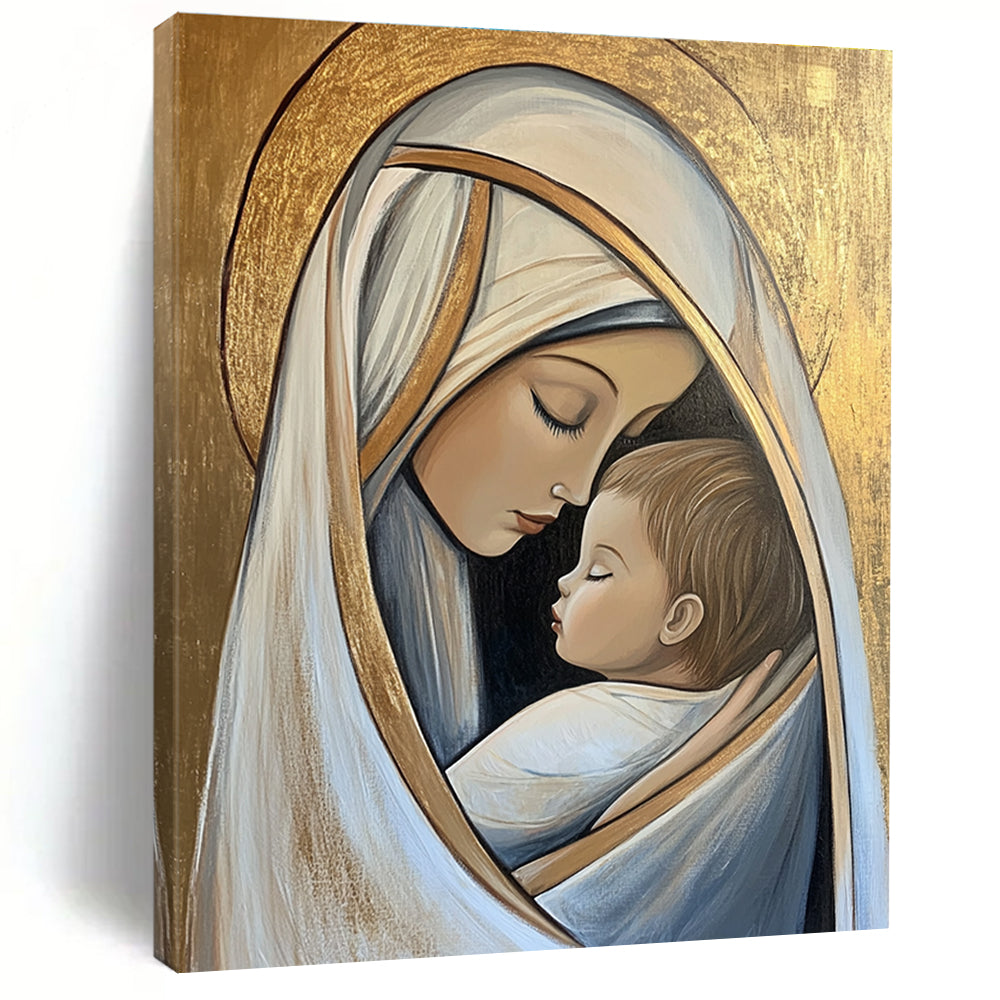 Large abstract artwork of Mary and Jesus in pastel tones on a gold leaf background conveying deep emotional connection and serene beauty.STSC1434