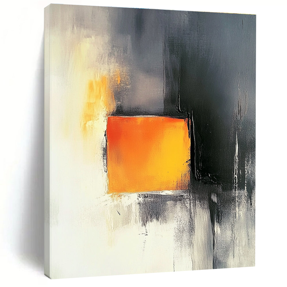 Abstract painting featuring a light orange square amid dark gray and white backgrounds with elegant yellow tones and strong black and red contrasts.STSC1208