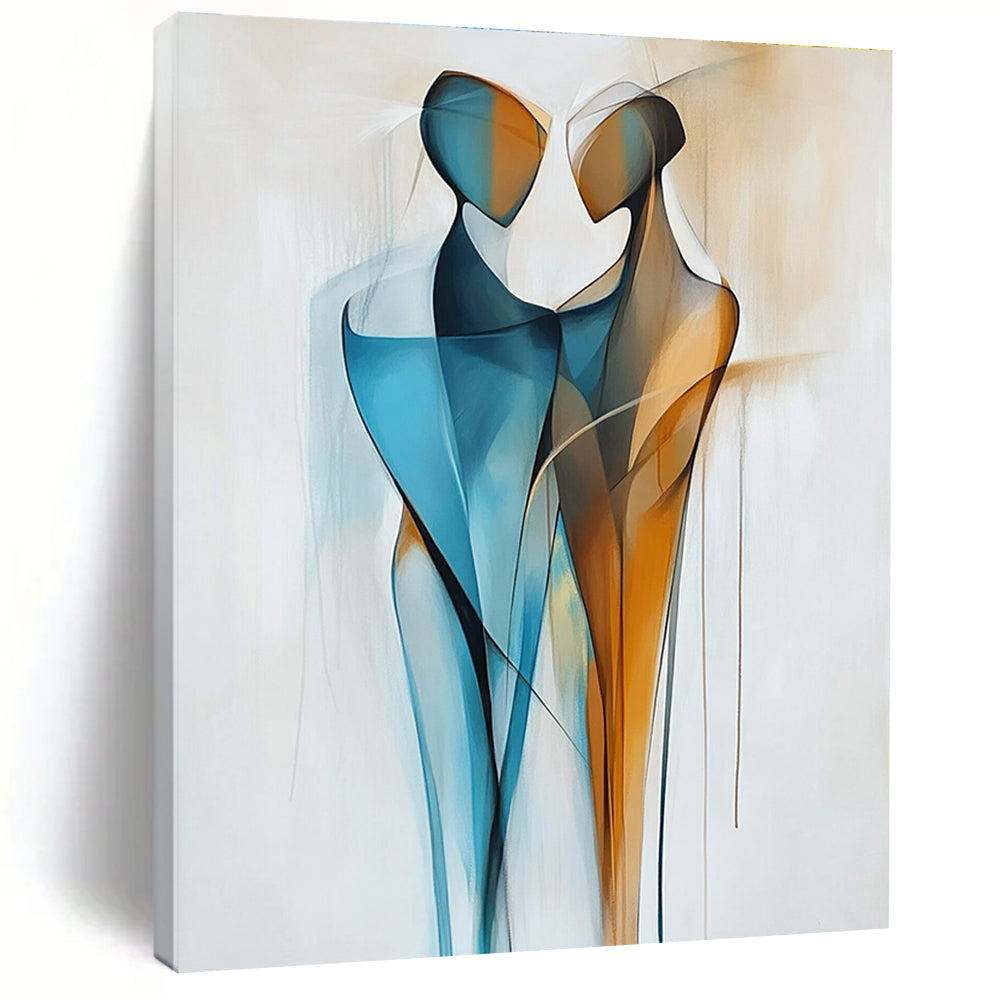 Large abstract painting featuring two figures in blue and amber with geometric lines and smooth curves on a shaped canvas and white background.STSC712