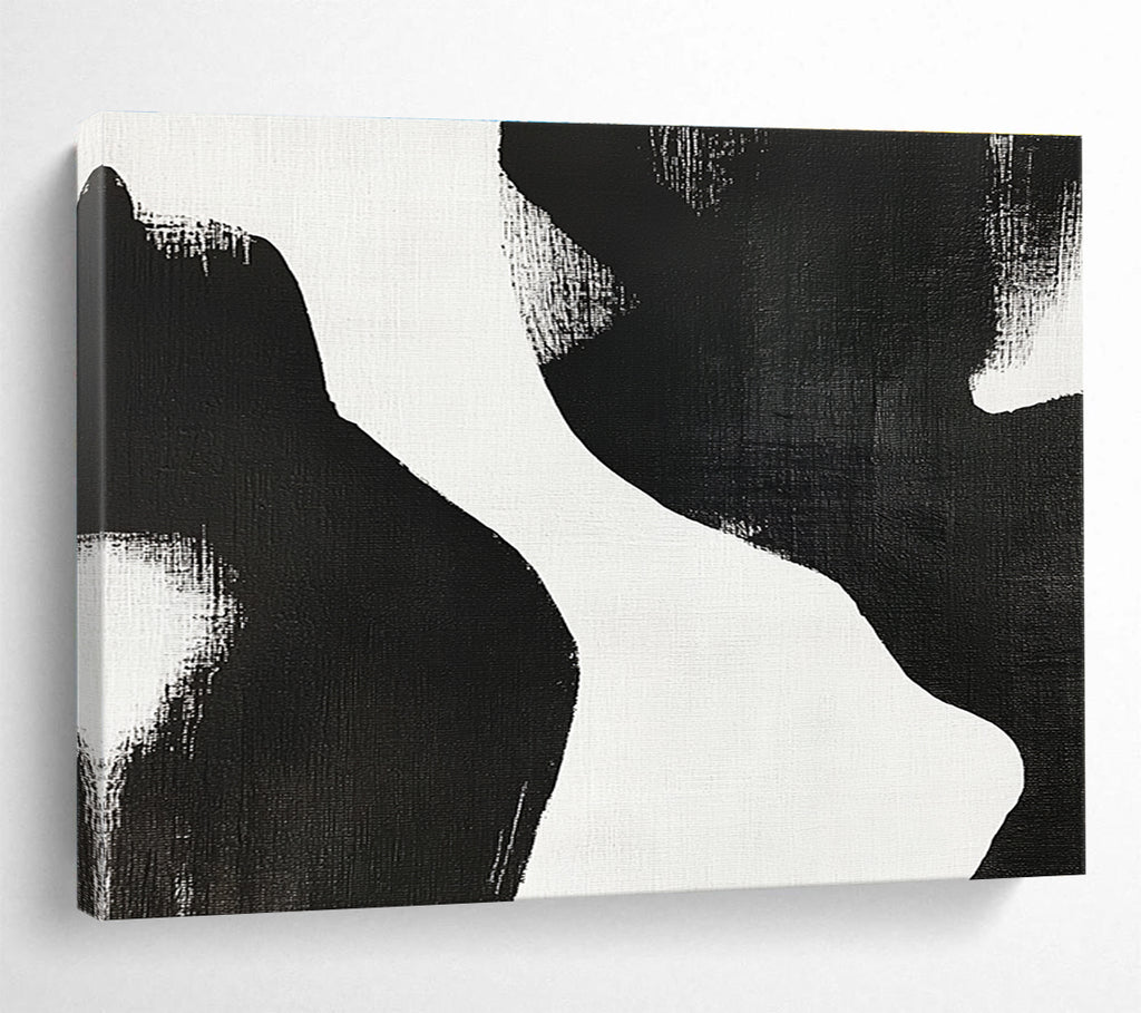 Large abstract painting featuring black and white brush strokes depicting two women’s bodies against a plain white background, showcasing minimalist artistry and tranquil form.SC439