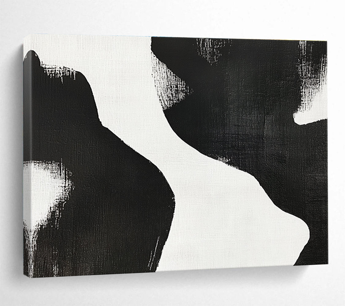 Large abstract painting featuring black and white brush strokes depicting two women’s bodies against a plain white background, showcasing minimalist artistry and tranquil form.SC439