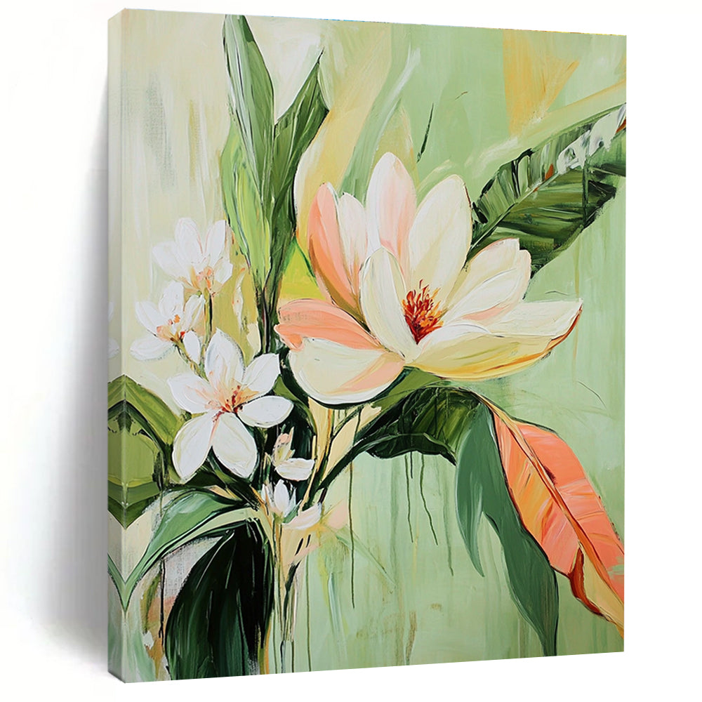 Large abstract painting of tropical flowers featuring a central magnolia and warm light green tones evokes tranquility and calmness.STSC1142