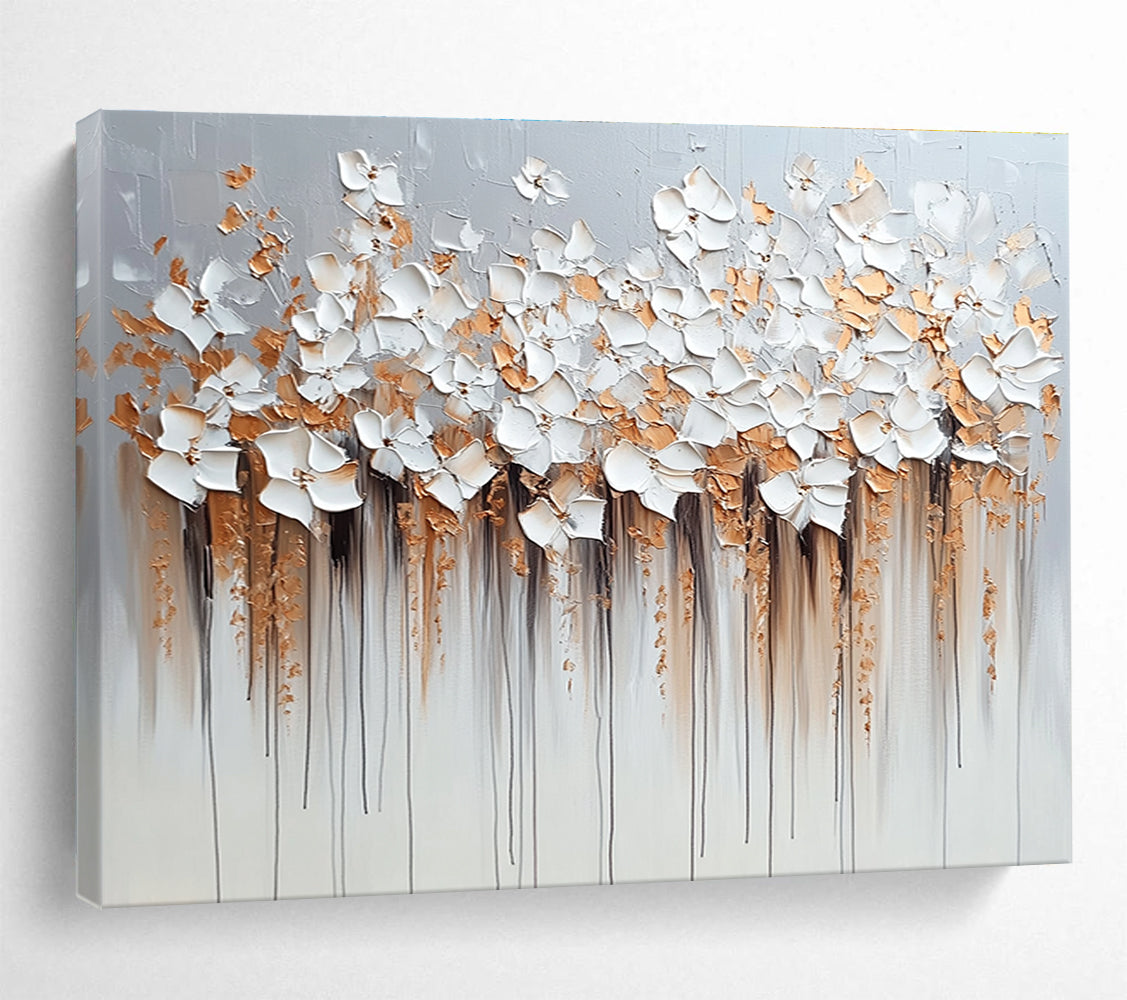 Large abstract painting with flowers in light gray and beige featuring dripped paint technique heavy impasto texture in silver and gold hues.SC294