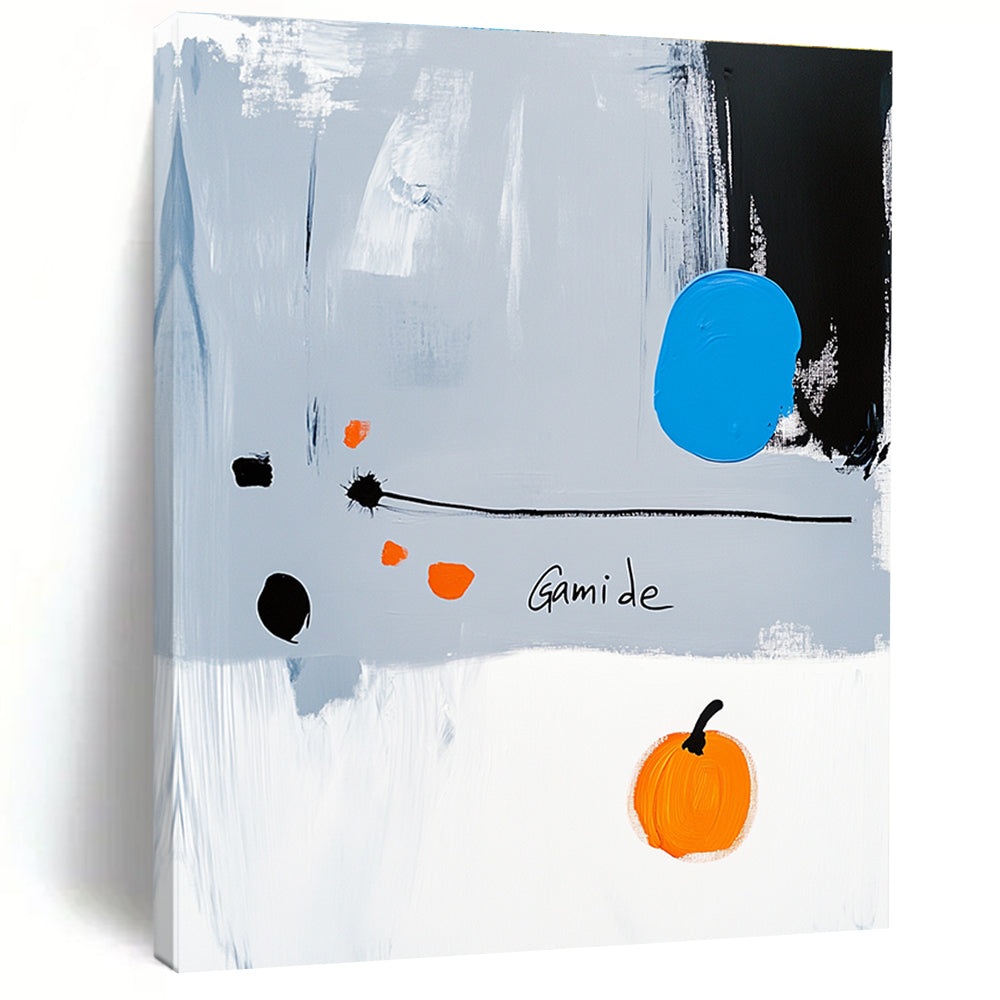 Abstract painting of a right-pointing arrow in blue white gray orange and black with Gamide text and a cartoonish pumpkin on light gray background.STSC1073