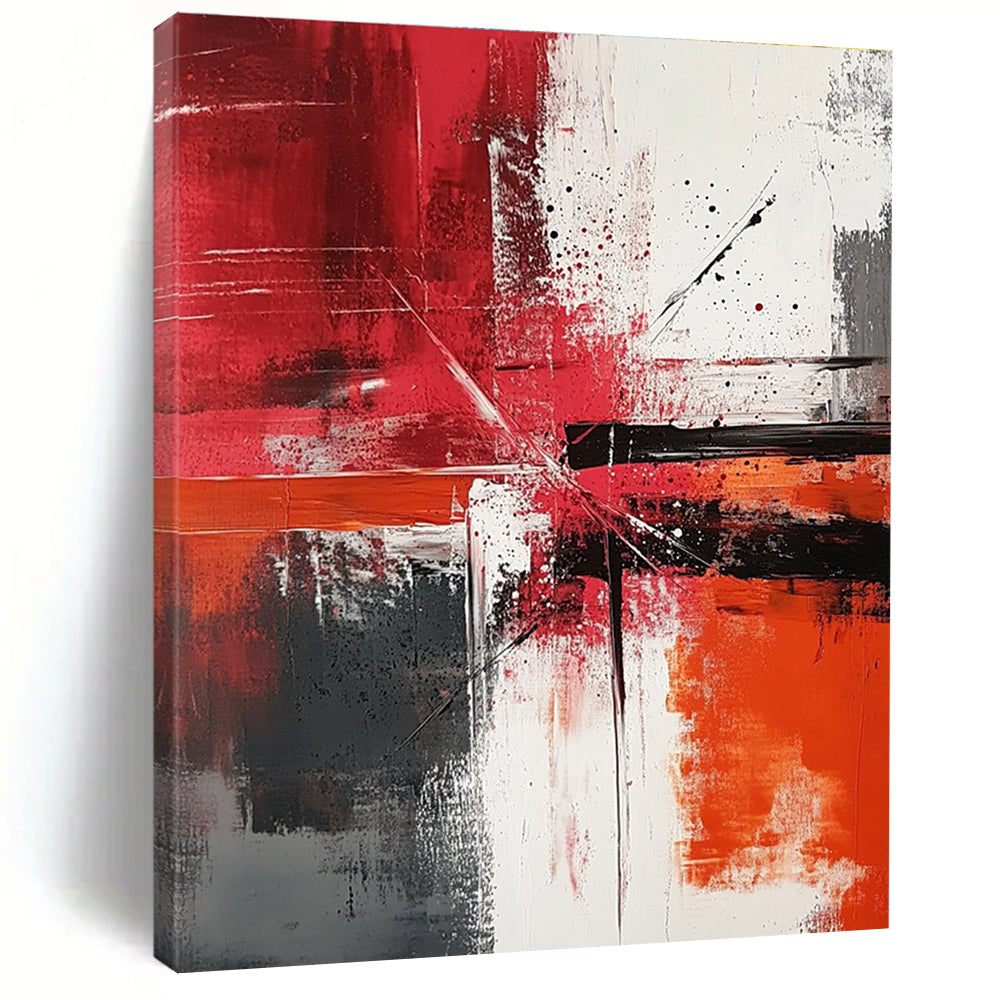 Large abstract painting featuring dynamic brush strokes and color splashes in reds whites and greys creating a sense of movement and harmony.STSC1357