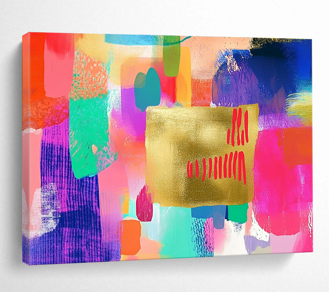 A large abstract painting featuring a golden paper centerpiece with red writing, embellished with colorful pastel brush strokes in pink, blue, green, and more.SC297