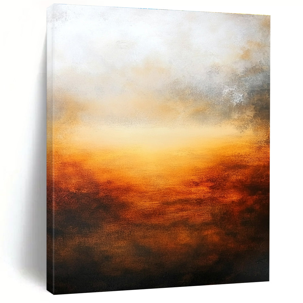 Large abstract oil painting featuring atmospheric sunset in muted earth tones and deep orange with a serene minimalist composition.STSC585