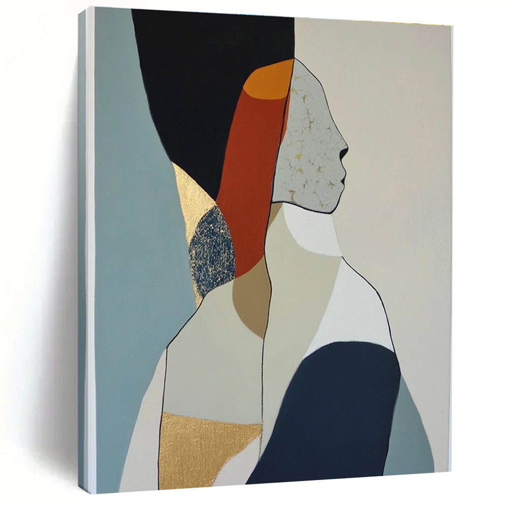 Large abstract oil painting featuring minimalist woman body shapes in muted colors with visible brush strokes and gold leaf accents.STSC1064
