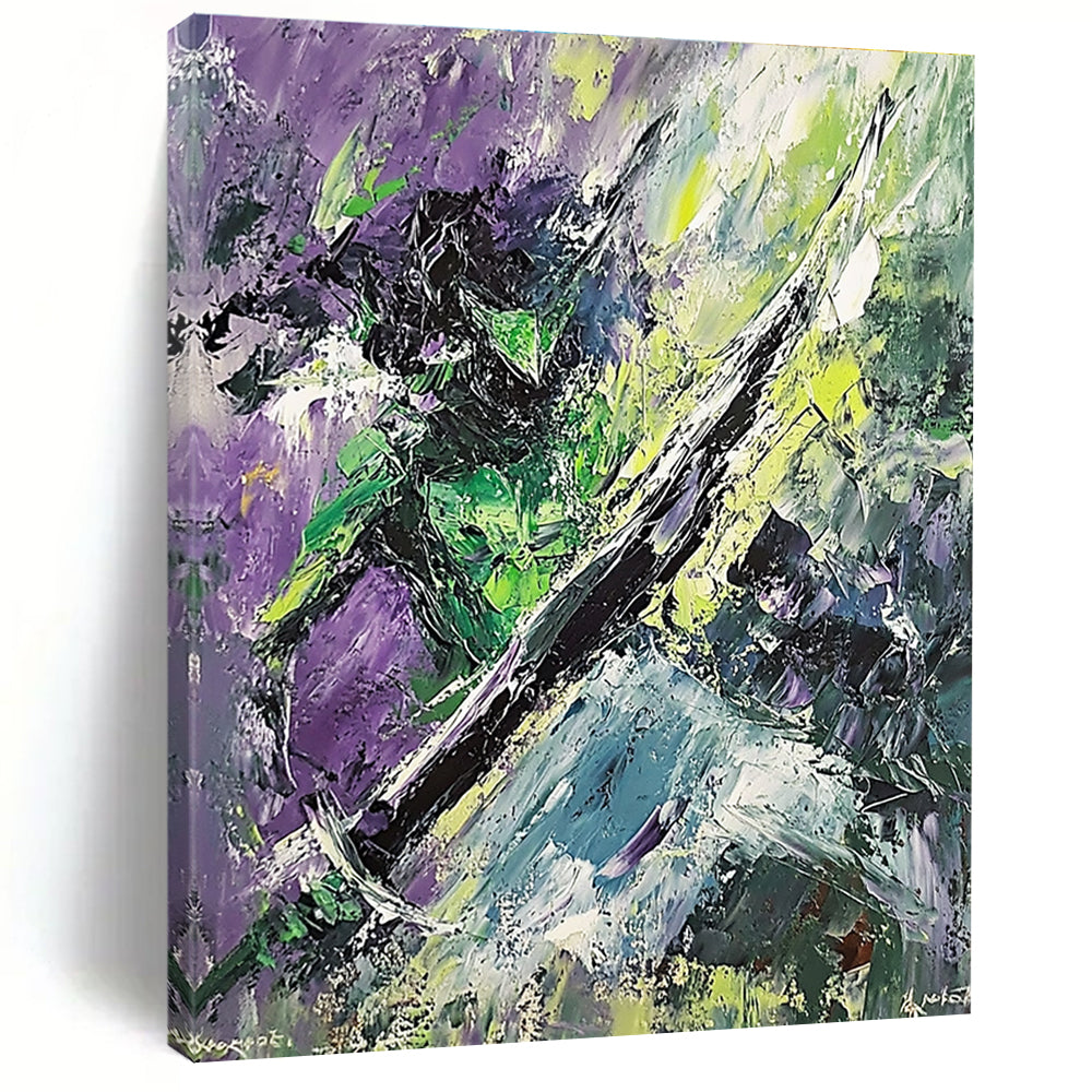 Large abstract painting of the Green Knight dynamic brushstrokes chaotic forms sword in hand surrounded by dark trees and rocks inspired by Expressionism.STSC881