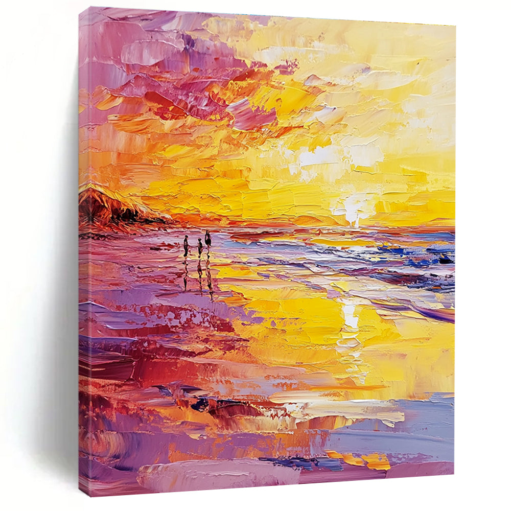 Abstract oil painting of a beach at sunset featuring a vibrant yellow and pink color scheme with small figures walking along the shore.STSC157