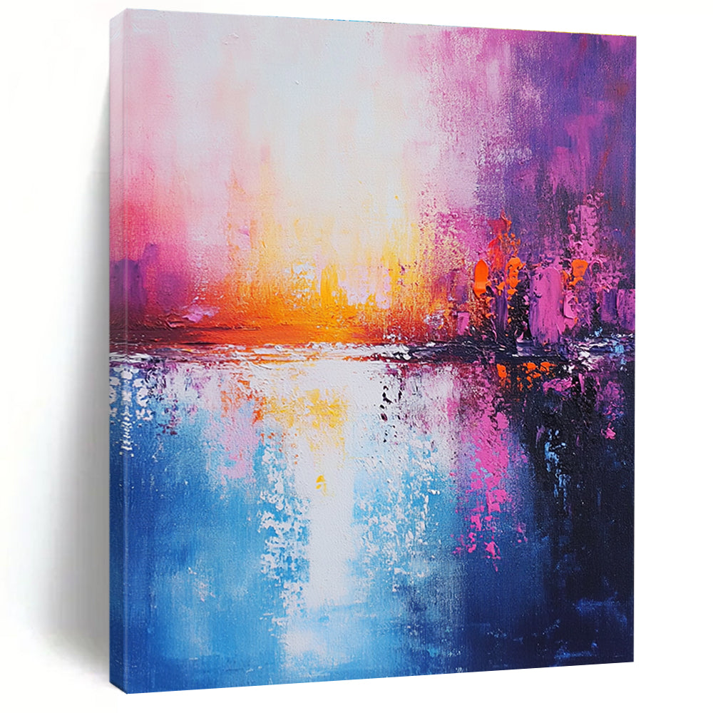 Large Abstract Painting of a tranquil ocean in pink blue and purple tones with a sunset warm cool palette and detailed brushstrokes on canvas.STSC265