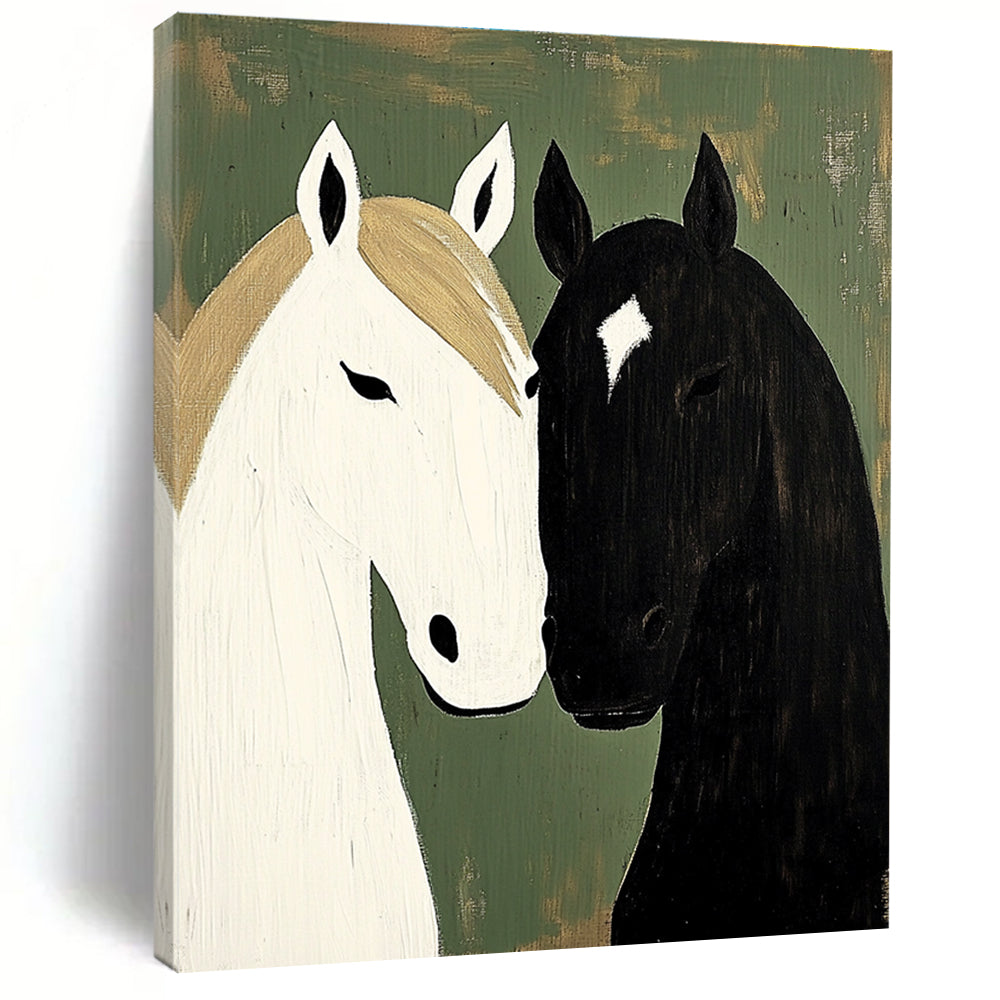 A large abstract painting featuring two horses in neutral tones against a green vintage farmhouse backdrop with a textured finish.STSC1453