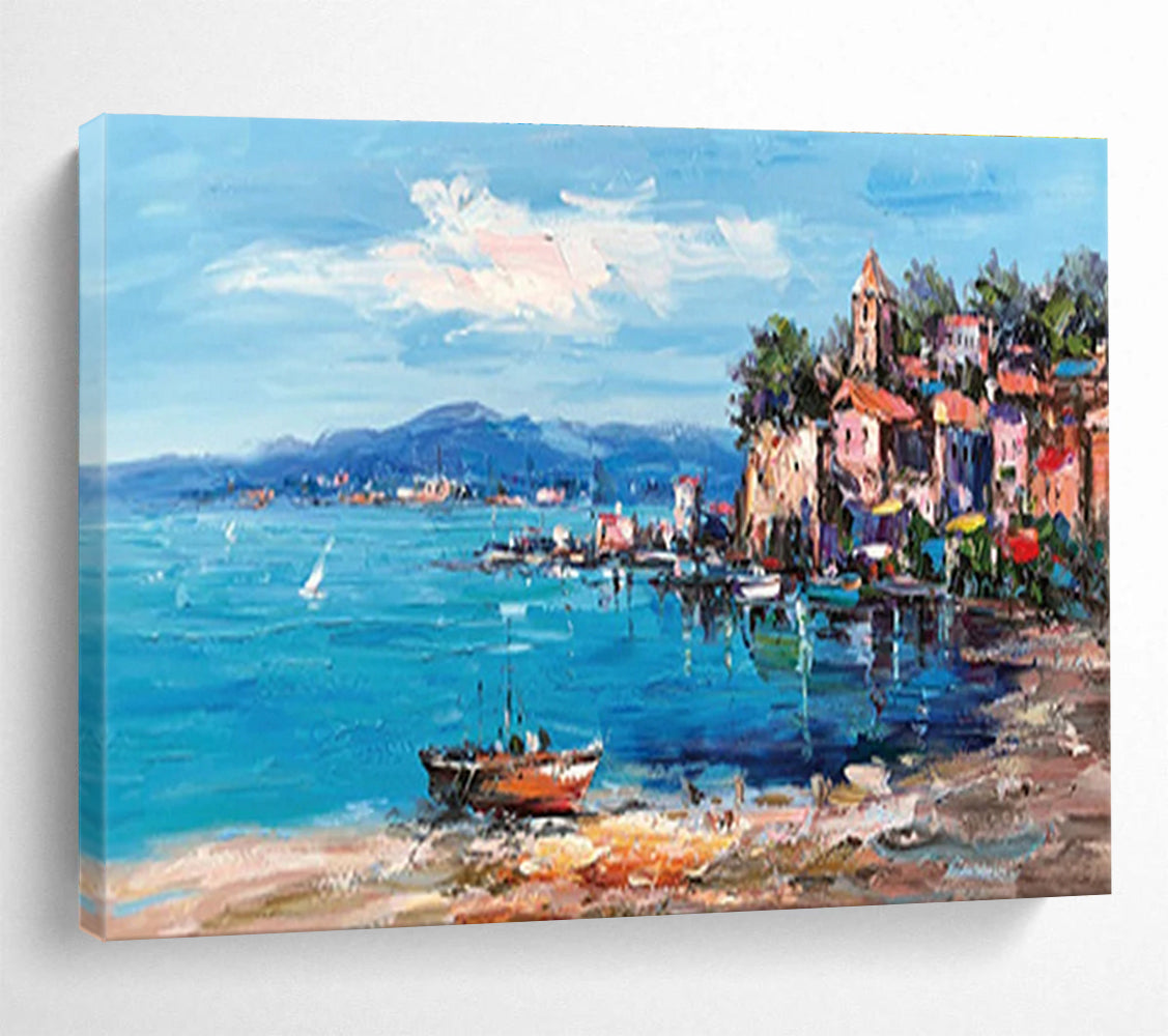 Coastal Town Abstract Painting with Blue, Pink, and Orange Tones THY230