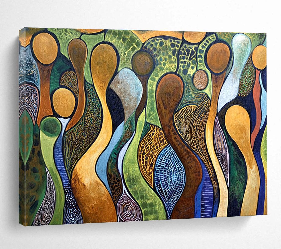 A large abstract painting featuring interlaced human figures in brown outlines against a vibrant background of greens, blues, and earthy whites with ocher yellow gems.SC582