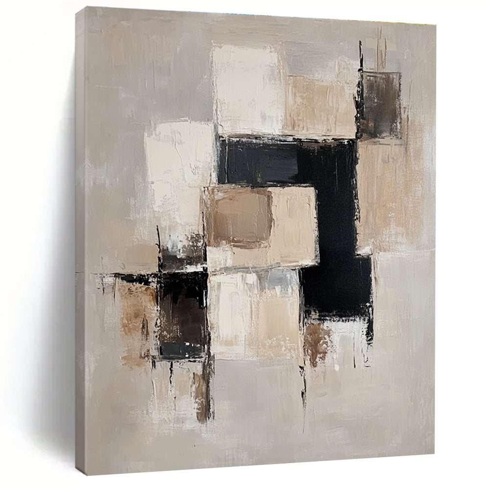 Large abstract painting with beige and white blocks black accents and soft edges on a light gray background creating an elegant minimalist feel.STSC220