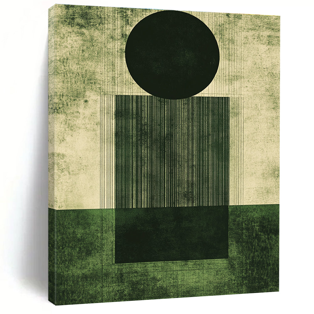 Abstract artwork featuring geometric shapes in deep emerald green and dark gray with a grainy texture and minimalistic design elements.STSC1006