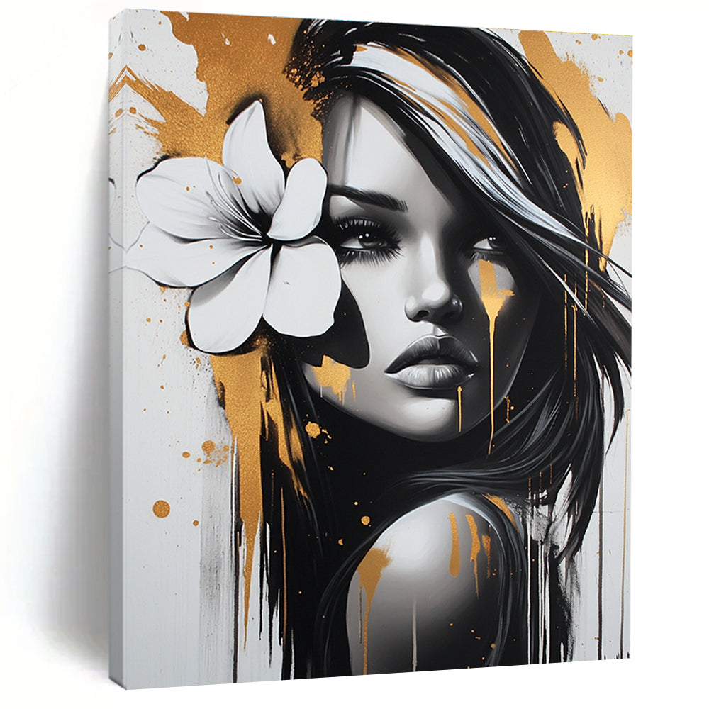 A stunning abstract painting featuring a beautiful woman with a white flower in her hair adorned with gold and silver paint splatters in FyaBeats style.STSC904