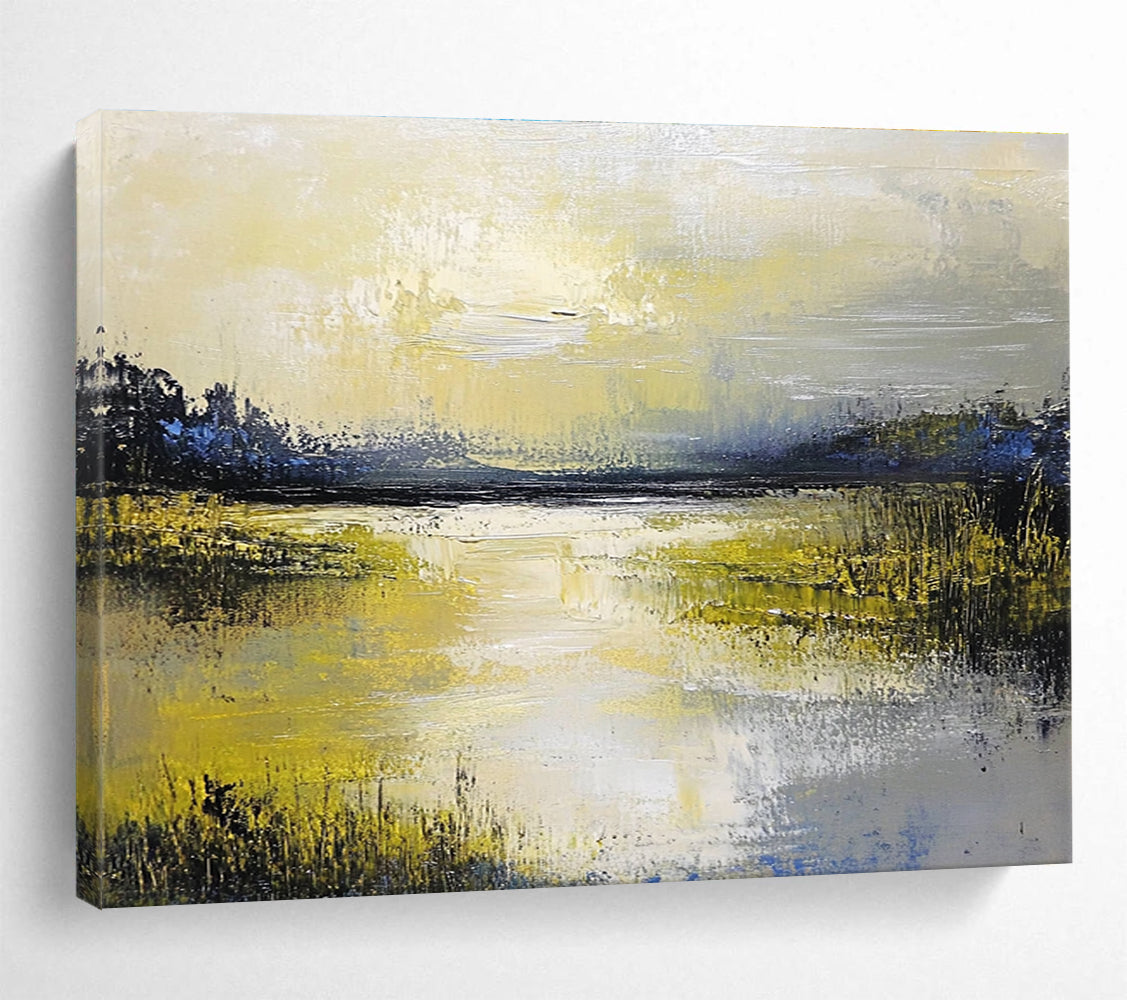 Large abstract painting featuring a serene lake and sky in soft yellow green blue and gray tones with thick textured paint.SC078