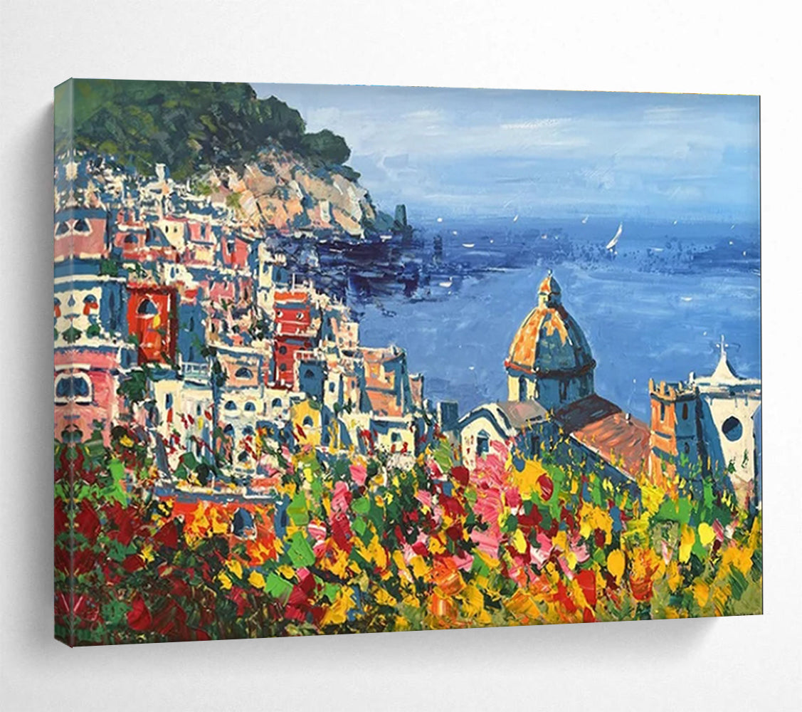 Coastal Town with Flowers Impressionist Painting THY457