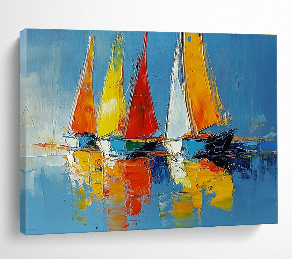 Large abstract painting of sailboats on vibrant water using palette knife techniques, showcasing energetic brushstrokes and a serene atmosphere.SC274